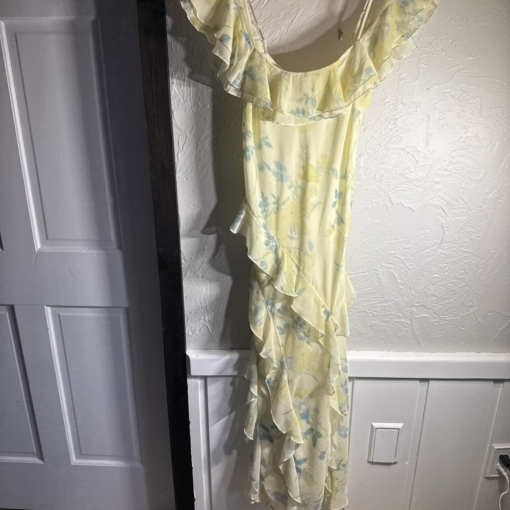 Rita Ora X Primark Floral Lemon Yellow Ruffle Maxi Dress Size 4 Cold Shoulder